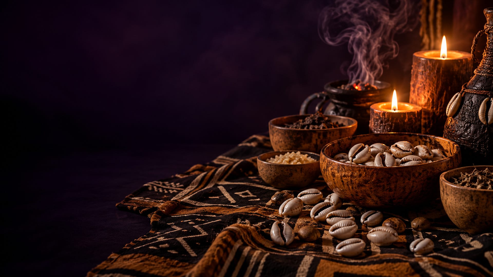 Cauris et bougies sur un tissu traditionnel, à la lueur du feu